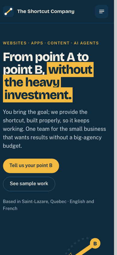 The same homepage on a phone, headline fully visible