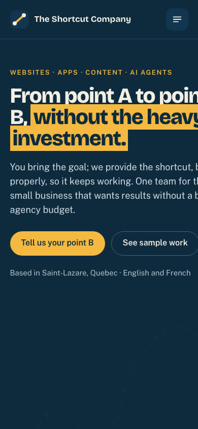 Homepage on a phone with the headline cut off at the right edge